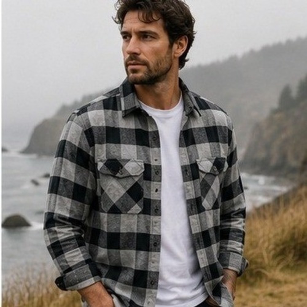 Kenneth Cole NWT New York Mens Slim Fit Flannel Shirt Grey Black Techni-Cole M